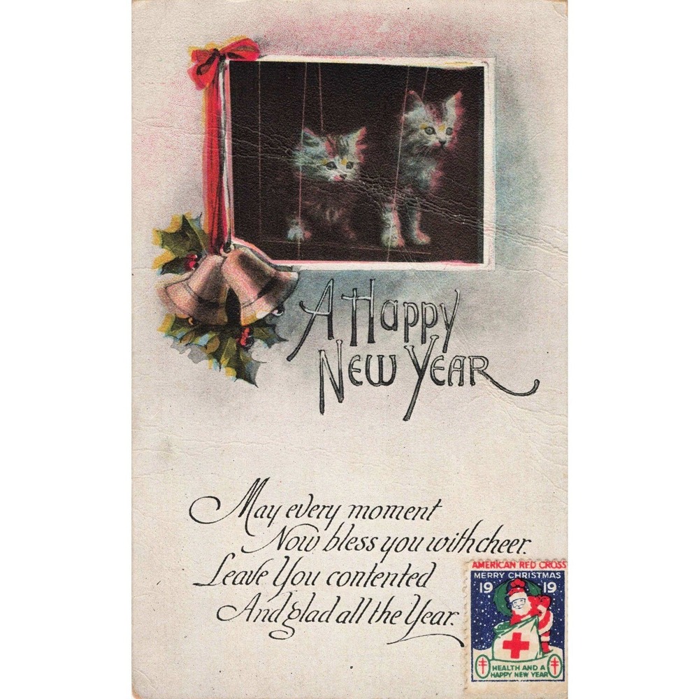 Vtg 1919 New Year Postcard RPPC-Style Kittens Bells Red Cross Seal Sheboygan WI - Picture 1 of 2